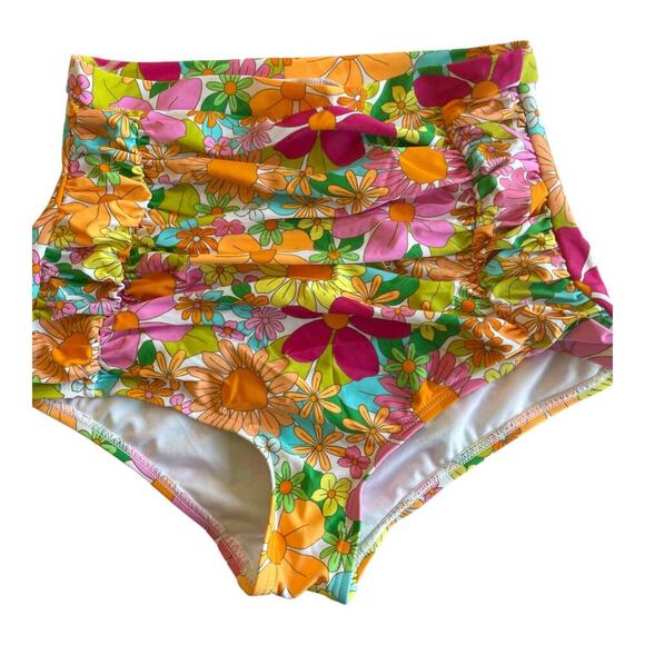 Unique Vintage Polka Orange Floral High Waisted Bikini Bottom 50s Pin Up Sz L - Picture 1 of 6